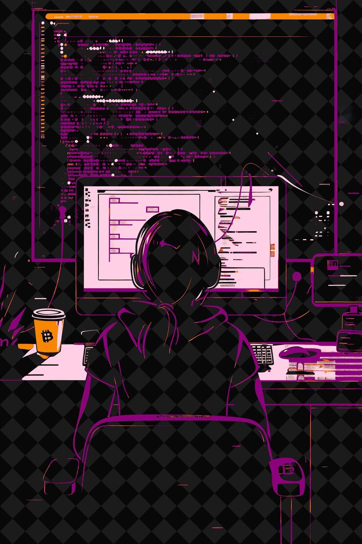 PSD eine frau sitzt an einem computer mit den worten ich arbeite daran auf dem bildschirm
