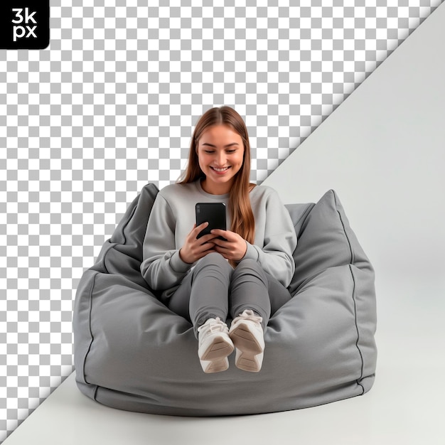 eine Frau sitzt auf einem Bohnenbeutelstuhl mit einem Telefon vor ihr