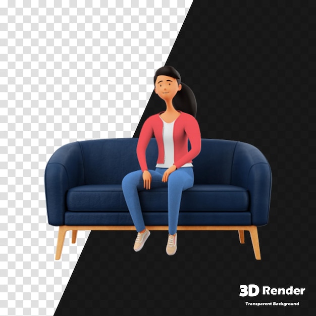 eine Frau sitzt auf einer Couch mit einem auf der Rückseite gedruckten 3D