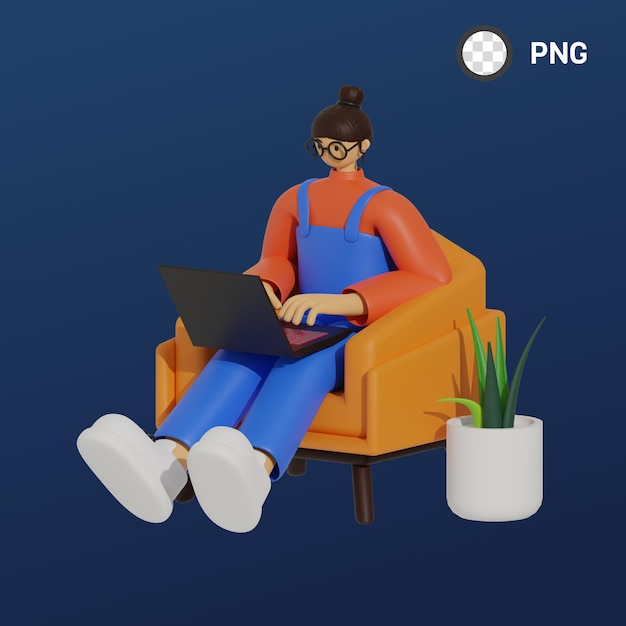 Eine Frau sitzt mit einem Laptop auf dem Schoß auf einem orangefarbenen Stuhl.