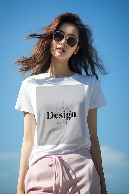 Eine frau trägt ein weißes hemd mit der aufschrift „design“.