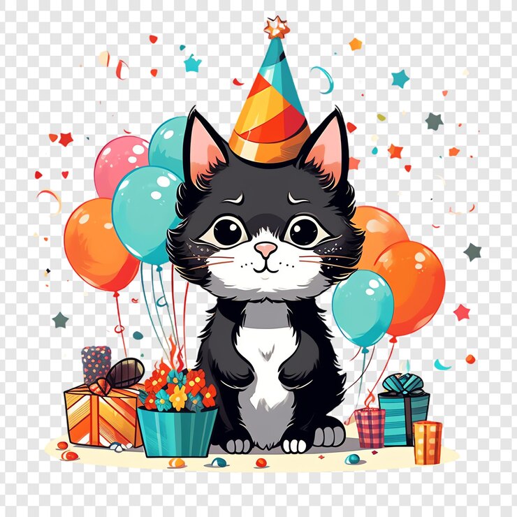 PSD eine geburtstagskarte mit einer katze in einem parteihut und ballons