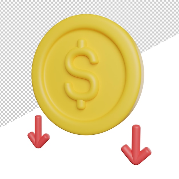 PSD eine gelbe münze mit einem dollarzeichen darauf und einem roten pfeil, der nach unten zeigt.