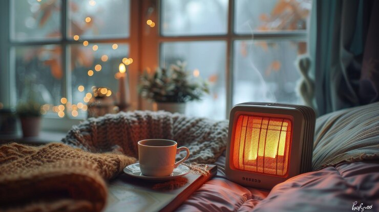 PSD eine gemütliche winterszene mit einer tasse kaffee, einer heizung und einer decke auf einem bett mit einem fenster im hintergrund