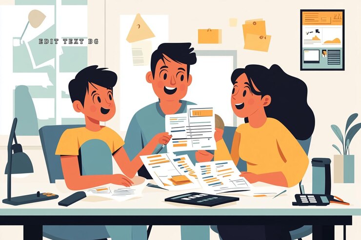 PSD eine glückliche familie, die zusammen am schreibtisch im büro dokumente überprüft