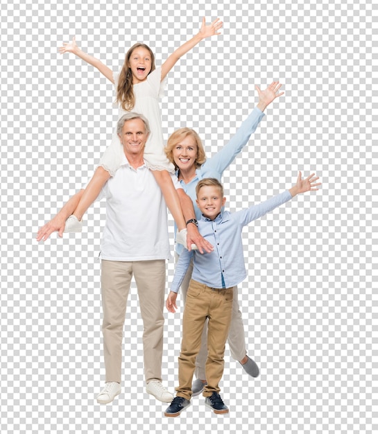 Eine glückliche Familie mit erhobenen Armen