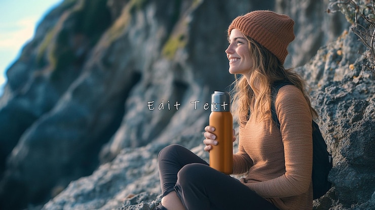 PSD eine glückliche frau genießt mit einem thermos die malerische küstenansicht