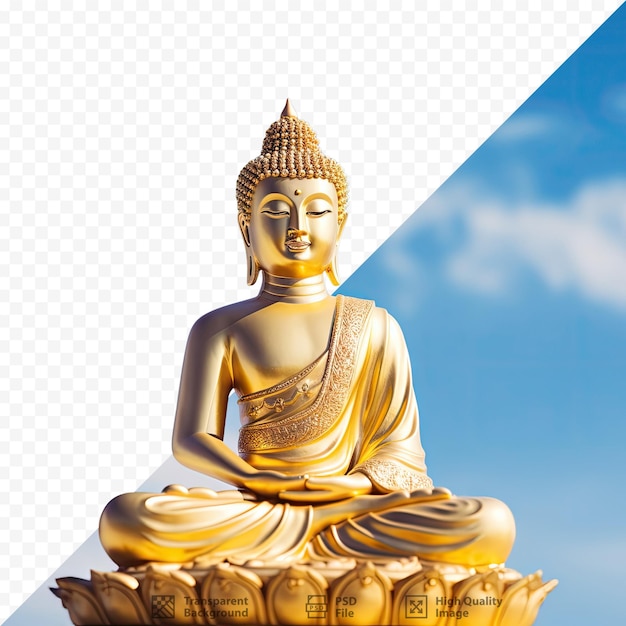 Eine goldene buddha-statue sitzt vor einem hintergrund aus wolken.