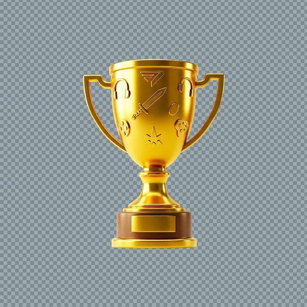 Eine goldene Trophäe mit Spielsymbolen auf einem transparenten Hintergrund in einem Studio-Shot png