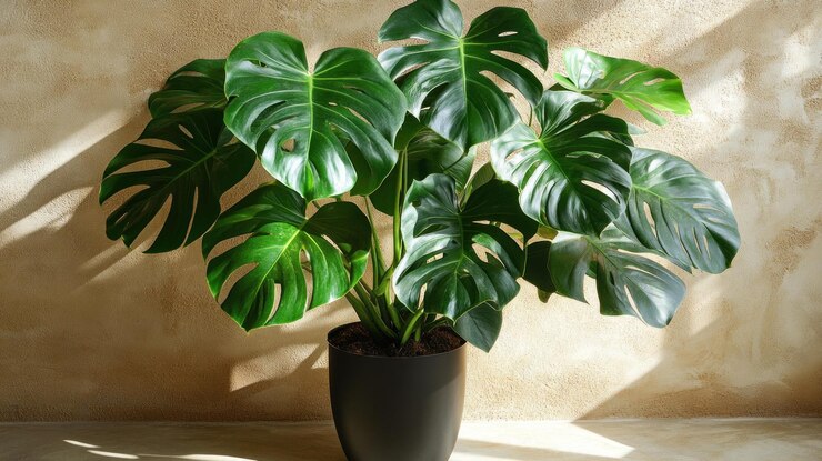 PSD eine große, üppige monstera deliciosa-pflanze in einem schwarzen topf gegen eine beigefarbene wand, die im sonnenlicht gebadet wird