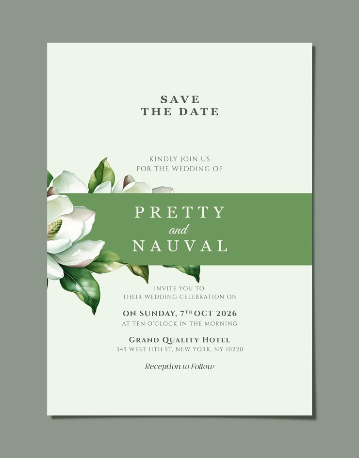 eine grüne Hochzeitskarte mit weißen Blumen