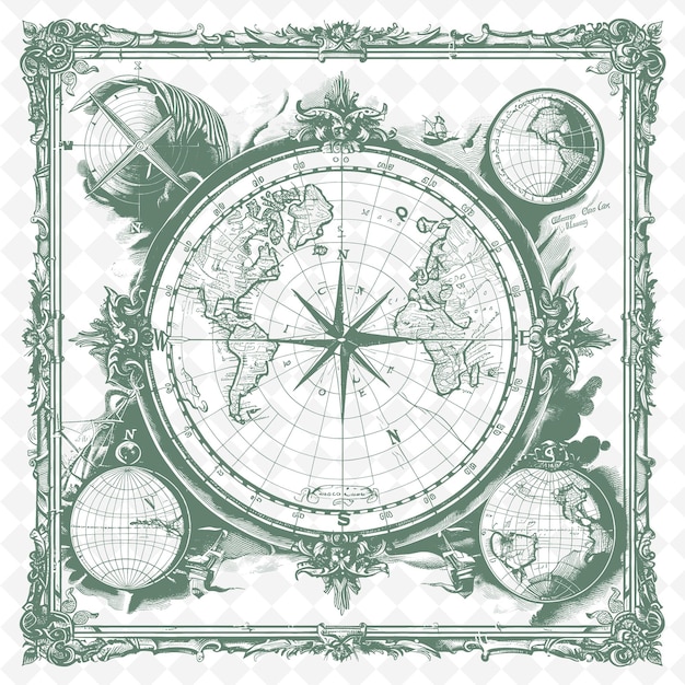 PSD eine grüne und weiße karte der welt mit einem kompass und einem kompass
