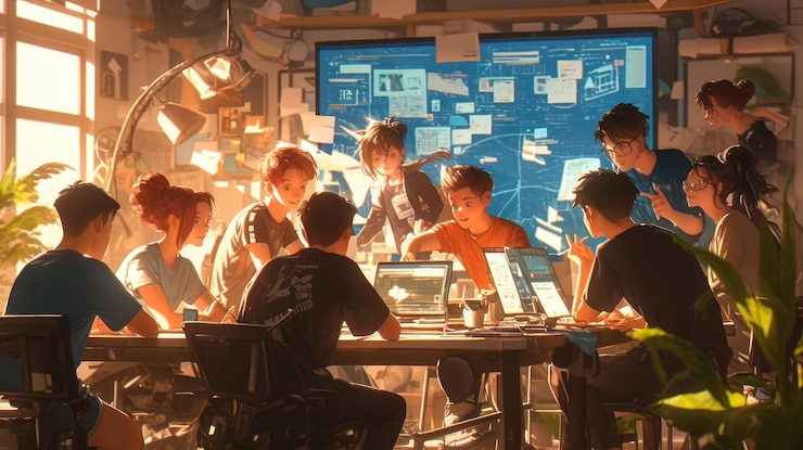 PSD eine gruppe junger fachleute arbeitet zusammen an einem projekt in einem hell beleuchteten büro. sie sind von technologie umgeben und haben eine tafel voller notizen und ideen.