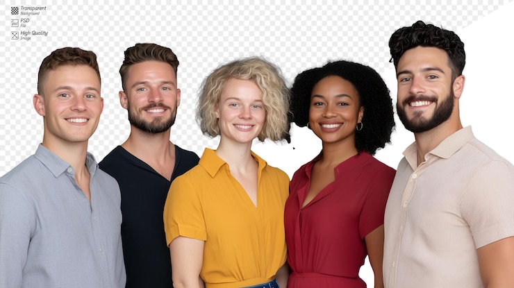 PSD eine gruppe verschiedener junger menschen steht dicht beieinander und lächelt zuversichtlich auf einem transparenten hintergrund