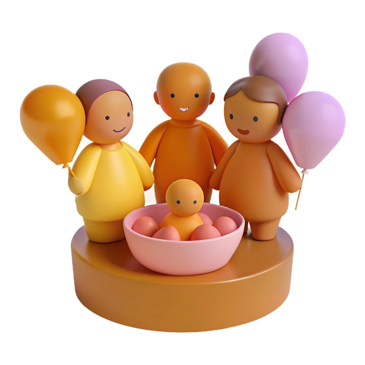 PSD eine gruppe von drei puppen mit ballons und einer von ihnen hat ein baby in der mitte