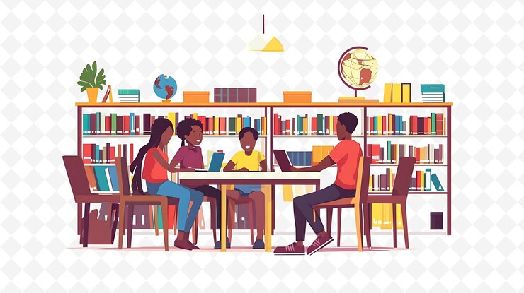 PSD eine gruppe von kindern sitzt an einem tisch in einer bibliothek mit büchern