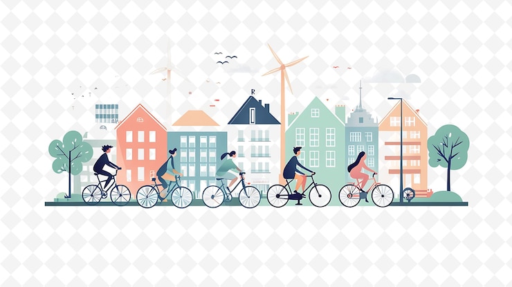 PSD eine gruppe von menschen, die fahrräder vor einem gebäude fahren, mit einer zeichnung eines mannes und einer frau, die fahrrad fahren