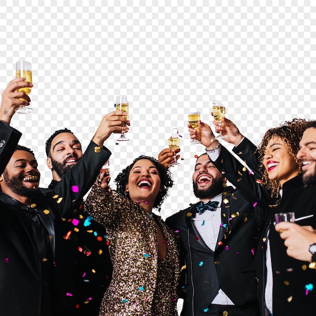 eine Gruppe von Menschen, die mit Champagnergläsern im Hintergrund feiern