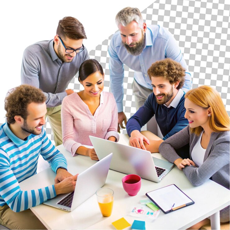 PSD eine gruppe von menschen in geschäftskleidung lächelt und sitzt um einen laptop auf transparentem hintergrund