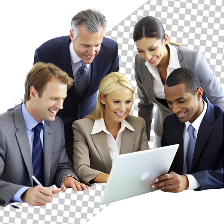 PSD eine gruppe von menschen in geschäftskleidung lächelt und sitzt um einen laptop auf transparentem hintergrund