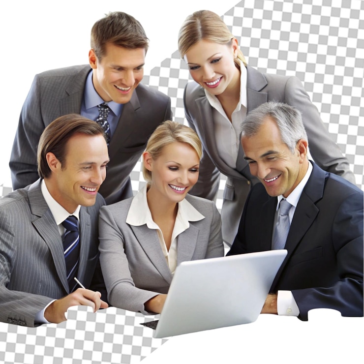 PSD eine gruppe von menschen in geschäftskleidung lächelt und sitzt um einen laptop auf transparentem hintergrund