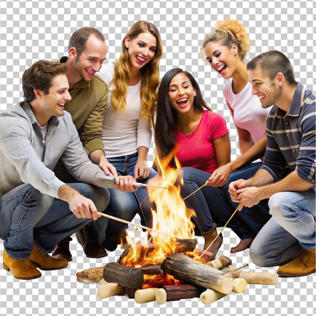 Eine gruppe von menschen sitzt um ein lagerfeuer herum und kocht eine mahlzeit