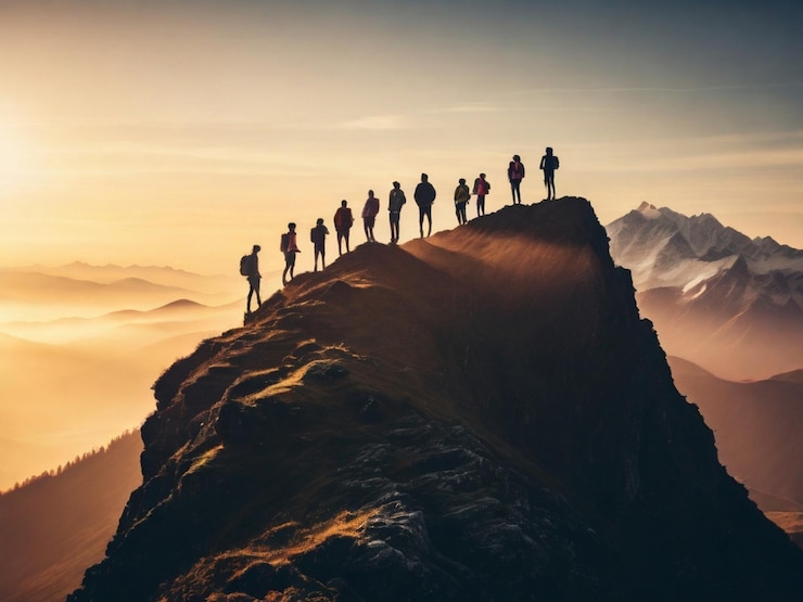 PSD eine gruppe von menschen steht auf einem berg und die sonne geht hinter ihnen hinunter