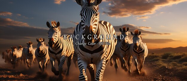 PSD eine gruppe von zebras in der wüste bei sonnenuntergang