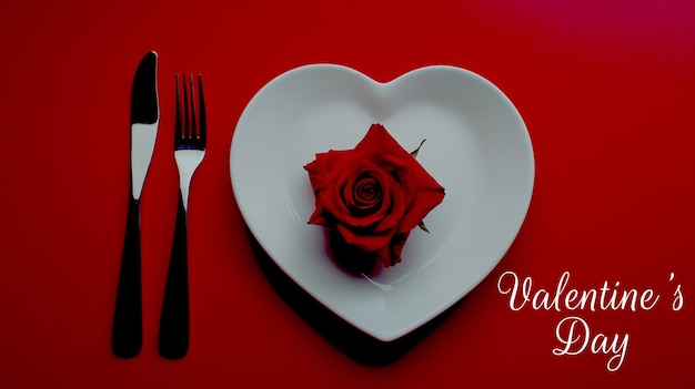 eine herzförmige Platte mit einer roten Rose und einem Messer