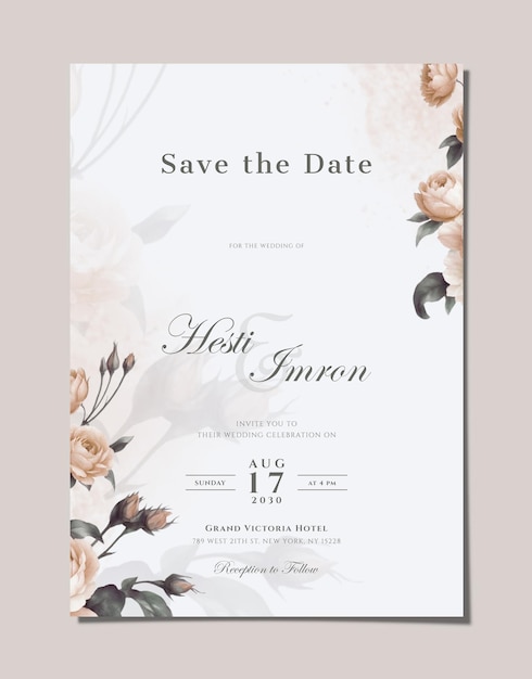 eine Hochzeits-Einladung mit Blumen und eine Karte, auf der steht Save the Date