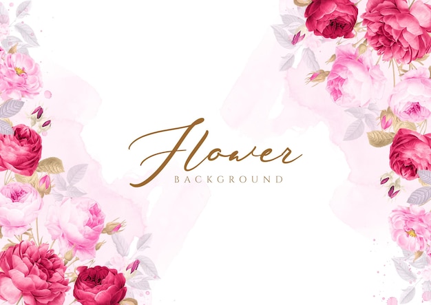 Eine Hochzeitseinladung im Hintergrund mit rot-rosa Blumen- und Blattdekoration
