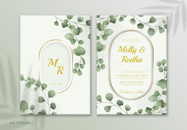 Eine Hochzeitseinladung mit einem grünen Blatt und dem Wort „mellow“ darauf