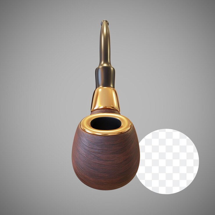 Eine Holzpfeife mit einem goldenen Griff und einem weißen Kreis dahinter.