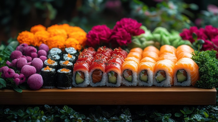 PSD eine holzplatte mit einer vielzahl von sushi-rollen, darunter lachs, thunfisch und gemüserollen, ist von lebendigen blumen und grün umgeben