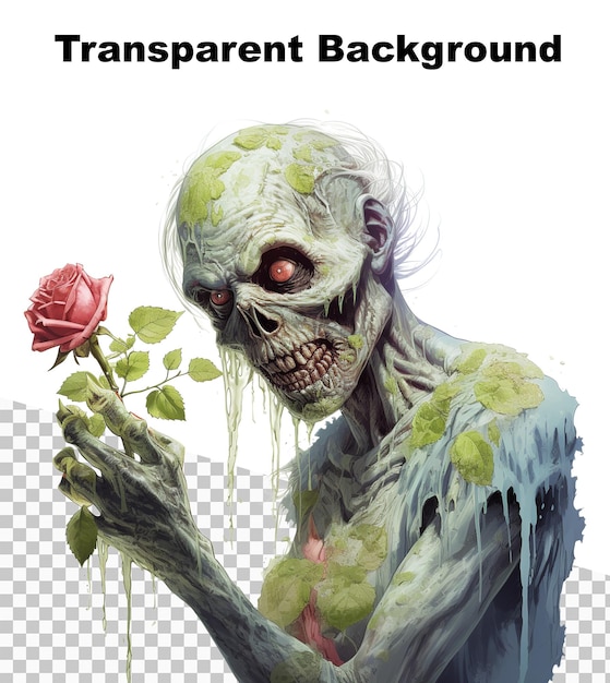 PSD eine illustration eines beängstigenden zombies, der eine schöne rose riecht