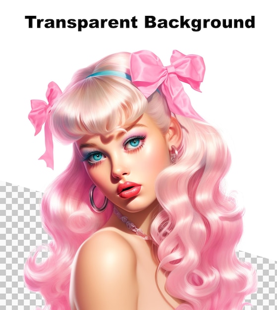 Eine Illustration eines rosafarbenen Mädchens im Barbie-Stil auf transparentem Hintergrund