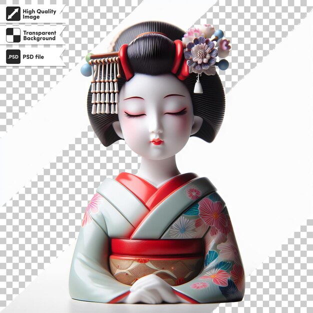 PSD eine japanische figur mit einer blume auf dem kopf sitzt vor einem gitter, auf dem geisha steht