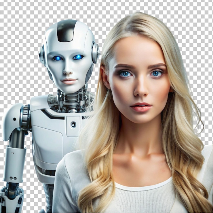 PSD eine junge frau mit blonden haaren und blauen augen steht mit einem roboter science-fiction-tag auf transparentem hintergrund