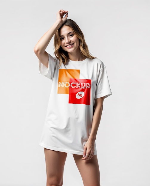 eine junge kaukasische Frau weißes T-Shirt-Mockup PSD
