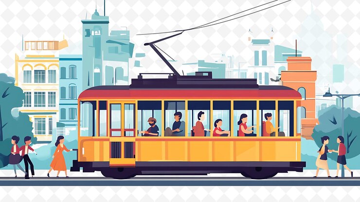 PSD eine karikatur einer straßenbahn mit menschen an der spitze und einem stadthintergrund