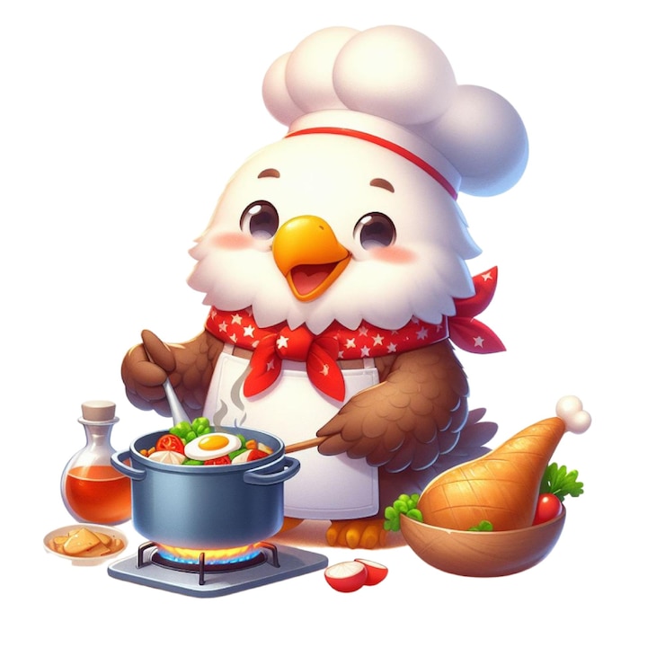 PSD eine karikatur eines kochkochens, der mit einem topf mit essen auf einem brett kocht