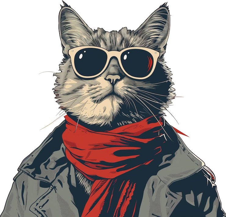 PSD eine katze mit sonnenbrille und einer jacke mit einem roten schal