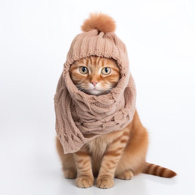 Eine Katze mit Winterhut und Schal