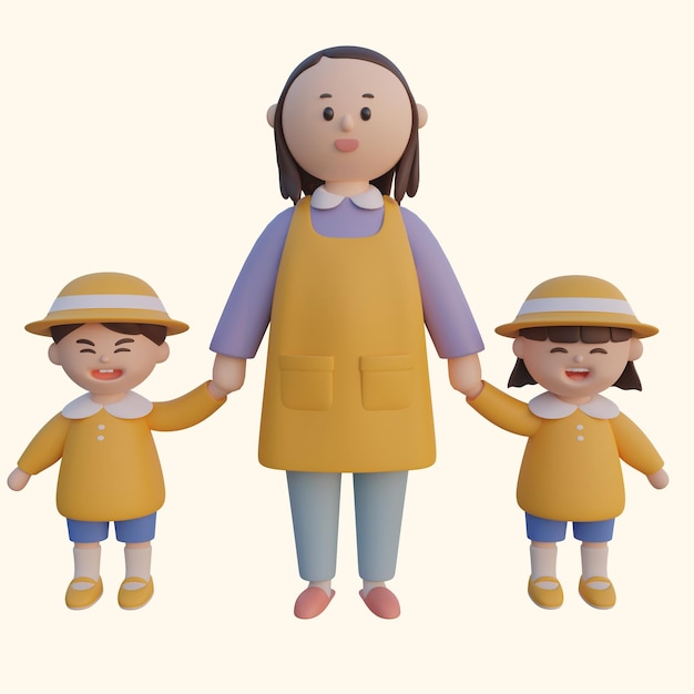 PSD eine kindergärtnerin und zwei kinder psd 3d-illustration