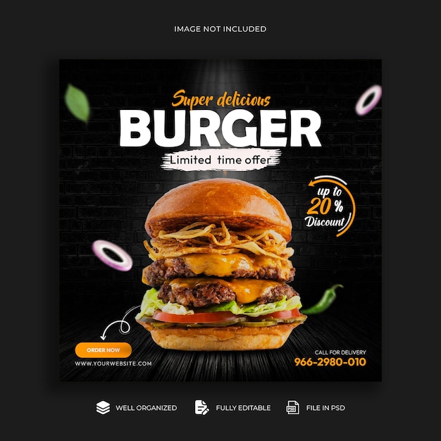 Eine köstliche Burger-Menü-Banner- und Instagram-Post-Vorlage für soziale Medien