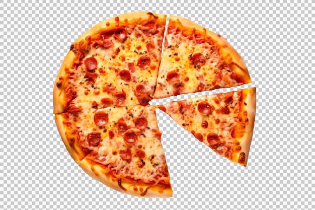 Eine köstliche frisch zubereitete Peperoni-Pizza, die auf einem durchsichtigen Hintergrund isoliert ist