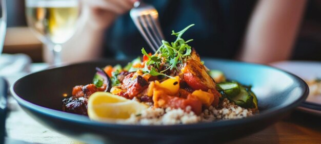 Eine köstliche, geröstete Gemüsekinoa-Schüssel mit gegrilltem Hühnchen