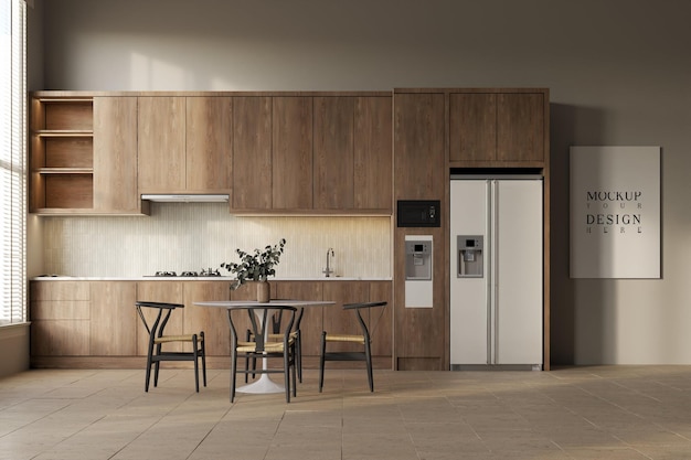 eine Küche mit Kühlschrank, einem Kühlschränke und einem Tisch mit Stühlen