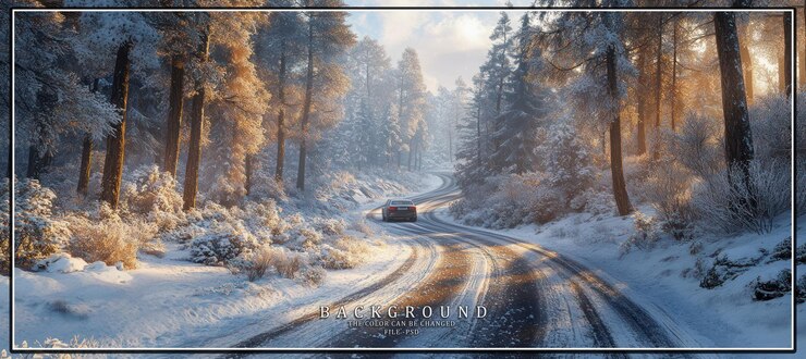 PSD eine kurvenreiche straße durch einen verschneiten wald mit einem auto in der ferne und sonnenlicht, das durch die bäume scheint