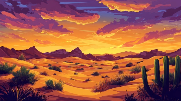 Eine lebendige Wüstenlandschaft mit sanften Sanddünen, ein paar Kaktussen und einem dramatischen Sonnenuntergang